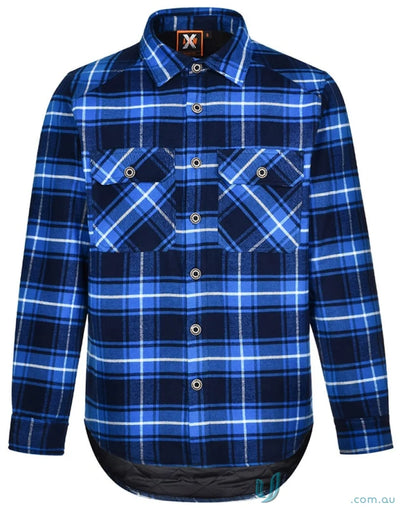 Blue and black plaid quilted flannel jacket shirt-style jacket with chest pockets