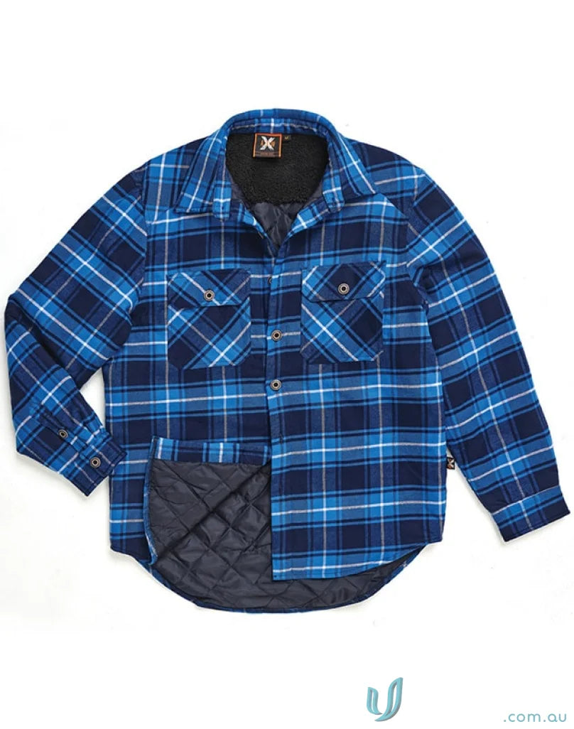 Blue plaid quilted flannel jacket shirt-style jacket with quilted lining for unisex wear