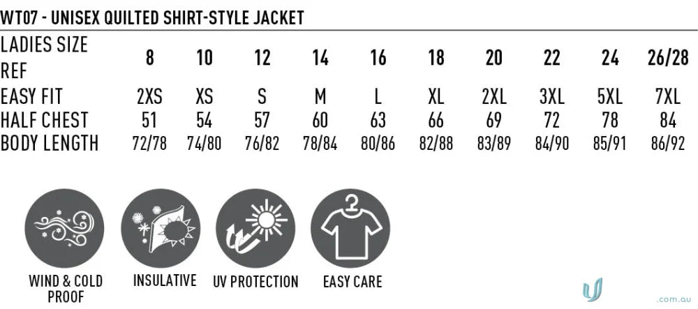 Sizing chart and features for a unisex quilted flannel jacket shirt-style jacket
