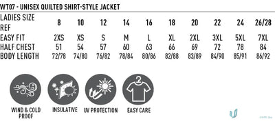 Sizing chart and features for a unisex quilted flannel jacket shirt-style jacket