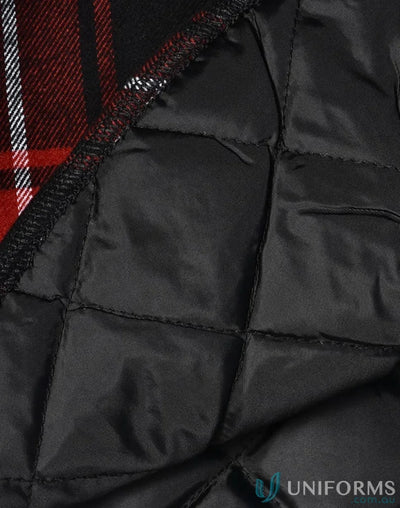 Close-up of quilted black lining in red and black plaid quilted flannel jacket shirt style jacket