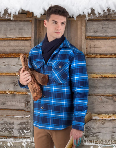 Blue plaid quilted flannel jacket shirt-style jacket for a unisex look