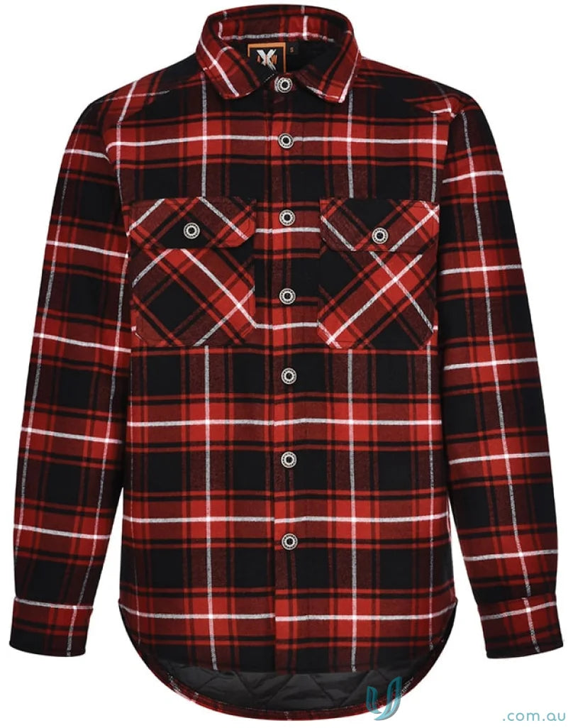 Red and black plaid flannel shirt-style jacket with chest pockets, perfect as a unisex quilted flannel
