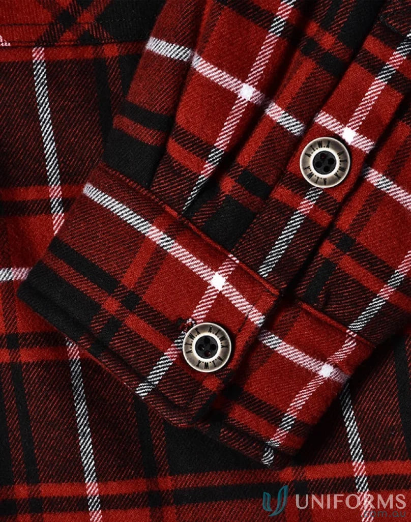 Red and black plaid quilted flannel jacket shirt-style jacket with cuff snap buttons