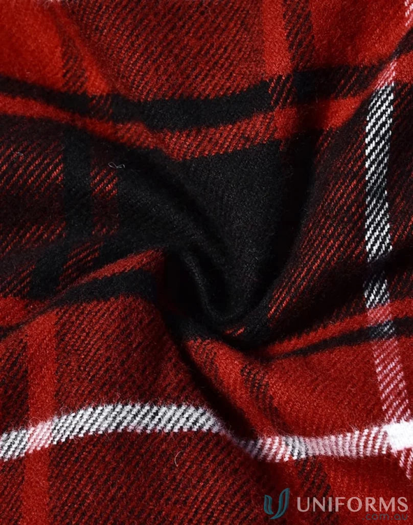 Red and black plaid quilted flannel fabric for a unisex quilted flannel jacket shirt-style jacket
