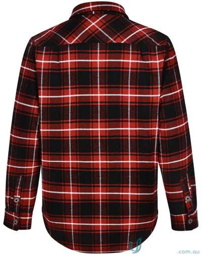 Red, black, and white plaid quilted flannel jacket shirt-style jacket with rounded hem