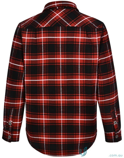Red, black, and white plaid quilted flannel jacket shirt-style jacket with rounded hem