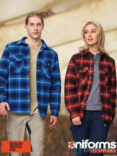 Two models wearing blue and red plaid quilted flannel jacket style shirts and work pants