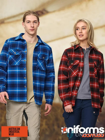 Two models wearing blue and red plaid quilted flannel jacket style shirts and work pants