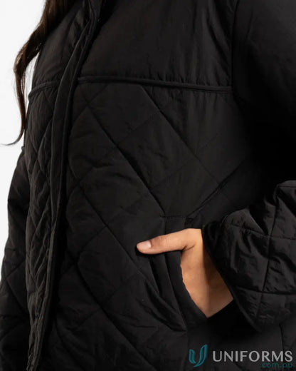 Black quilted puffer jacket with high stand-up collar and internal zip pocket
