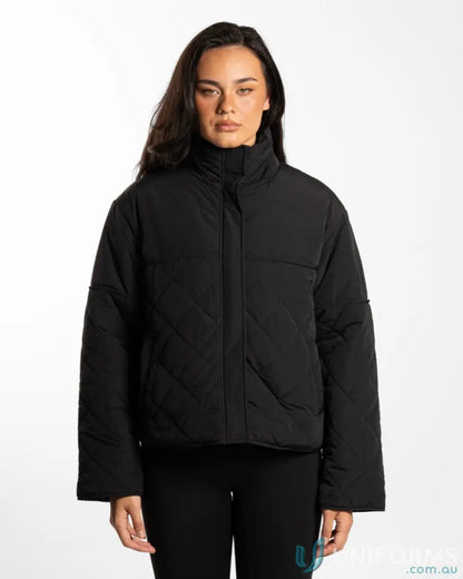 Black quilted puffer jacket with high stand-up collar and internal zip pocket