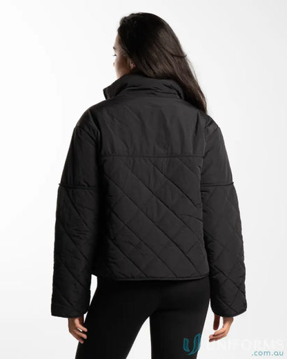 Black quilted puffer jacket with high stand-up collar and internal zip pocket