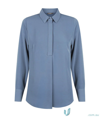 Blue long-sleeved collared blouse from Quinn LS Soft Top perfect for uniforms