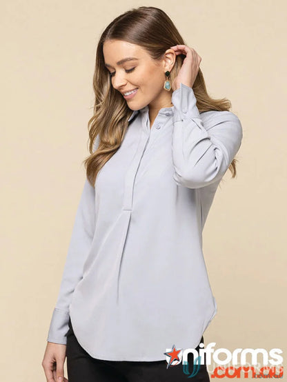Light gray Quinn LS Soft Top blouse perfect for casual uniforms and comfy style