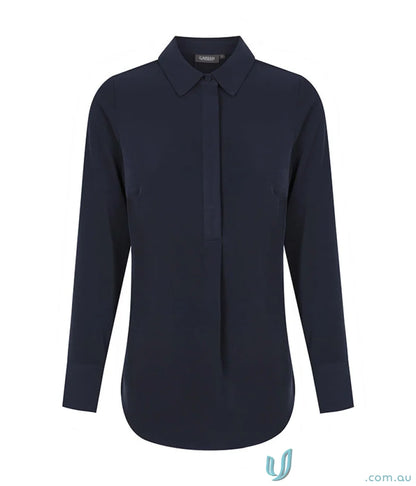 Navy blue long-sleeved collared Quinn Soft Top perfect for uniforms