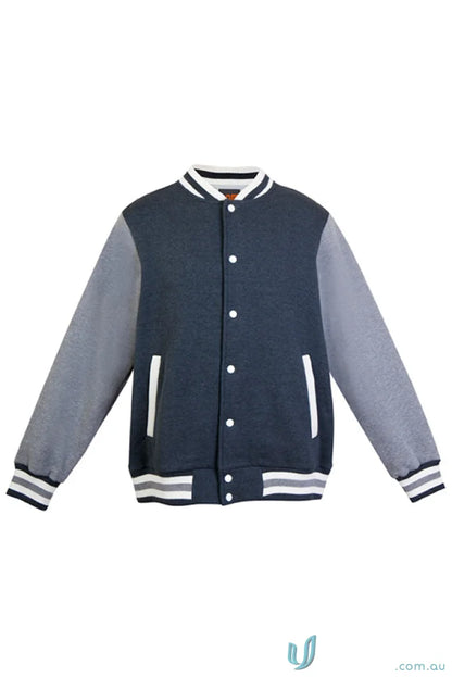 Gray and navy blue varsity jacket perfect for stylish uniforms or workwear like the Ramo Varsity Jacket
