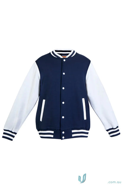 Navy and white varsity jacket perfect for uniforms or casual workwear style