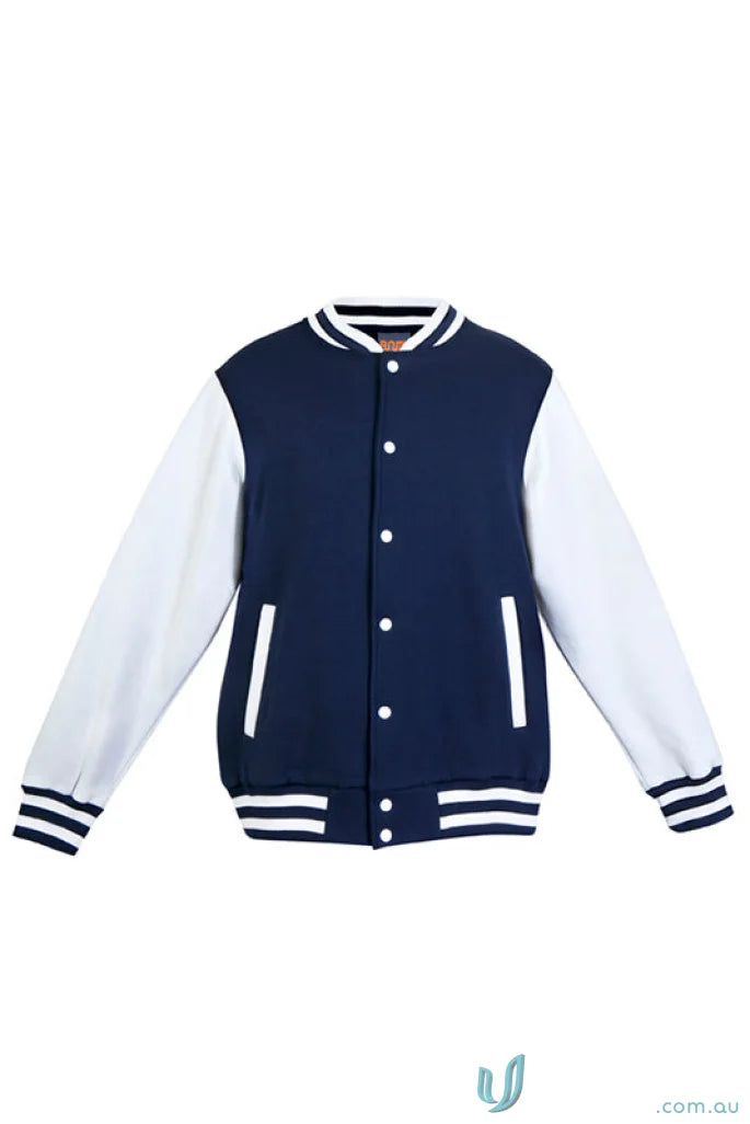 Navy and white varsity jacket perfect for uniforms or casual workwear style