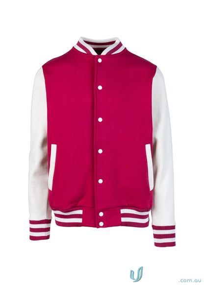 Red and white varsity jacket from Ramo for stylish uniforms or workwear looks