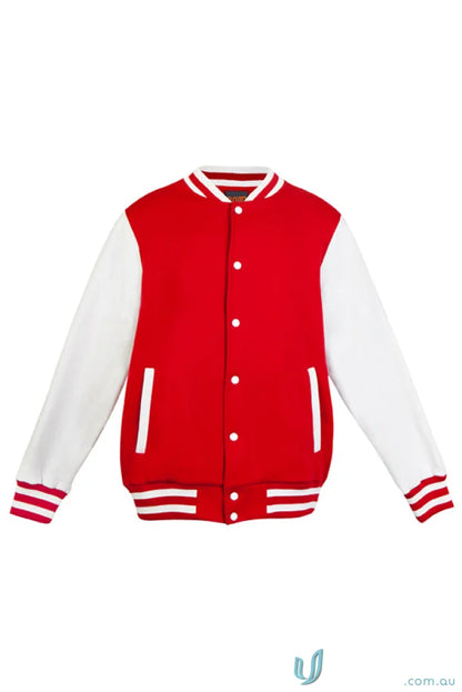 Red and white varsity jacket from Ramo Varsity Jacket, perfect for uniforms or workwear
