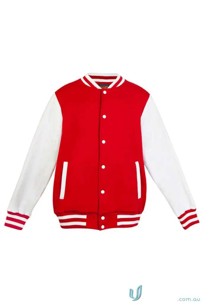 Red and white varsity jacket from Ramo Varsity Jacket, perfect for uniforms or workwear