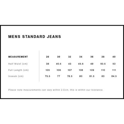 Raw indigo denim jeans size chart with waist, inseam, length in cm