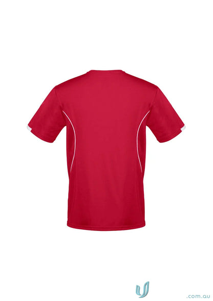 Red and white Razor Tee men’s razor short with self-fabric v-neck band style