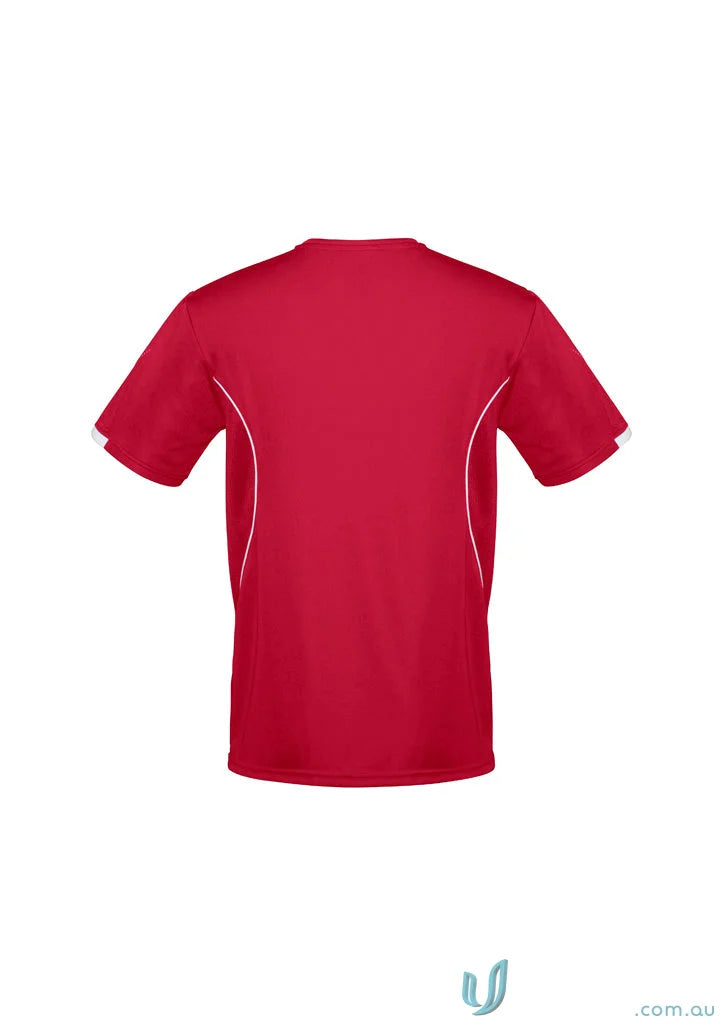 Red and white Razor Tee men’s razor short with self-fabric v-neck band style