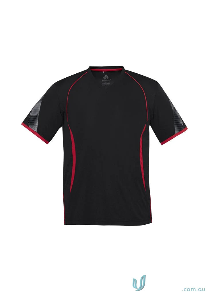 Black and red Razor Tee men’s razor short with self-fabric V-neck band for cool style