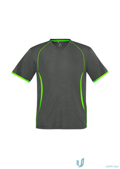 Gray Razor Tee men’s razor short athletic shirt with green trim and self-fabric v-neck band