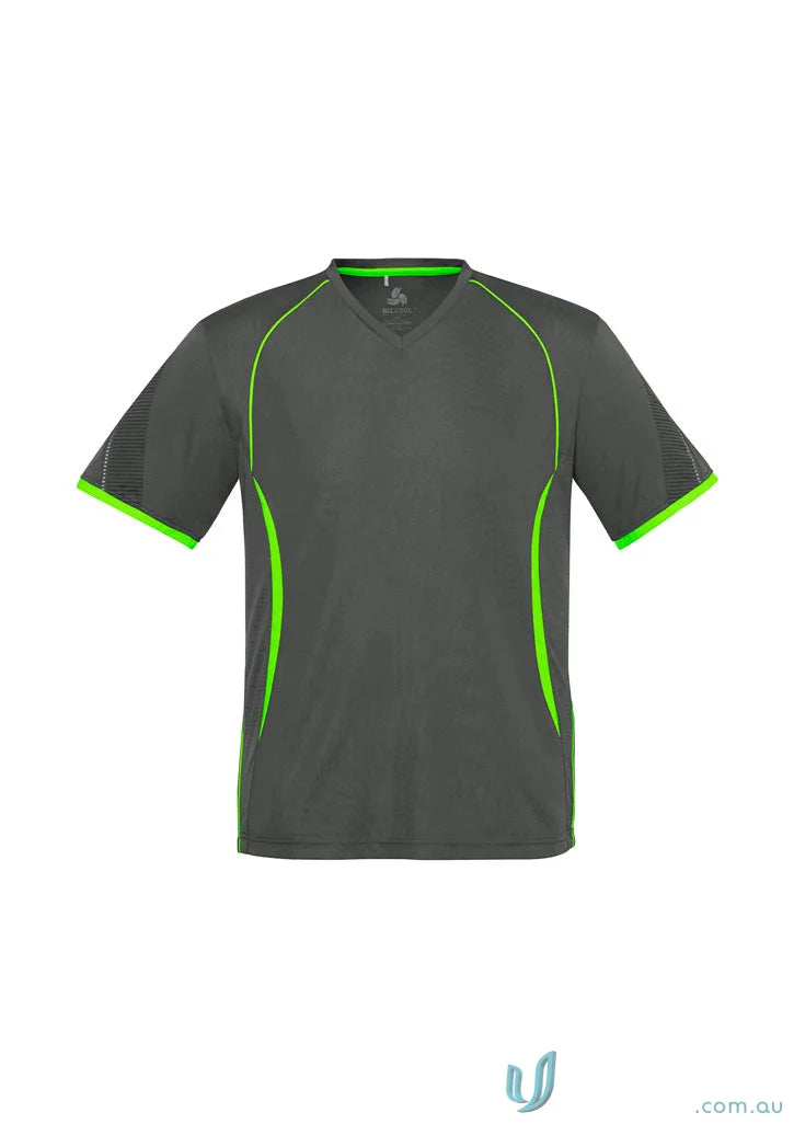 Gray Razor Tee men’s razor short athletic shirt with green trim and self-fabric v-neck band
