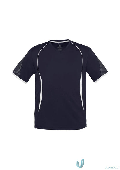 Navy blue Razor Tee men’s razor short with self-fabric v-neck band and white trim