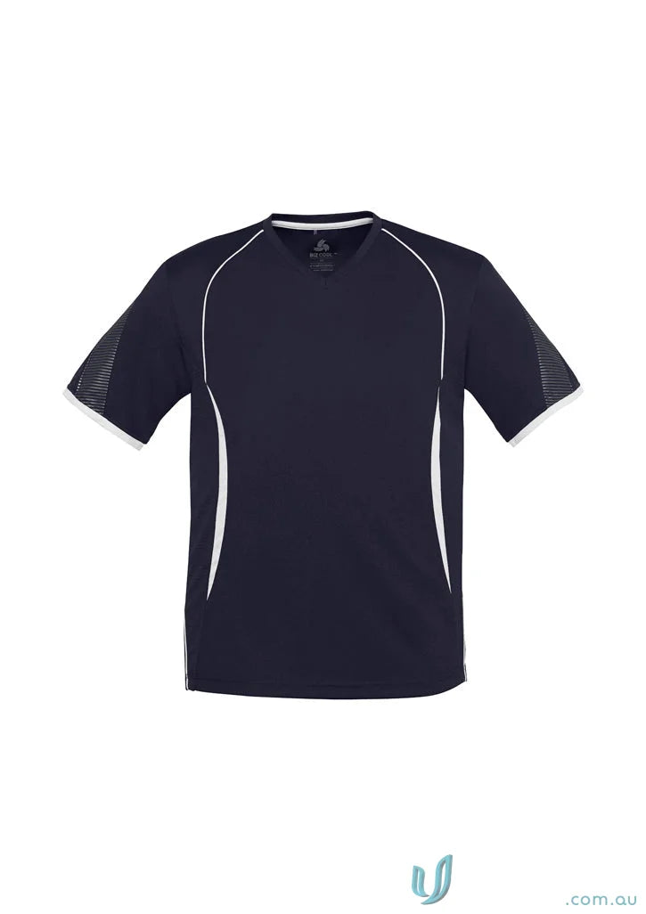 Navy blue Razor Tee men’s razor short with self-fabric v-neck band and white trim