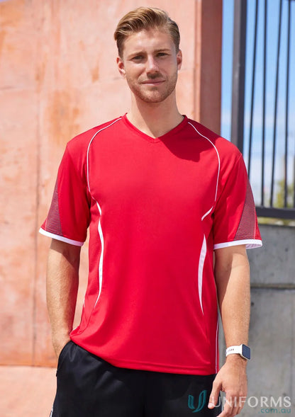 Red and white Razor Tee men’s razor short with self-fabric V-neck band for active wear