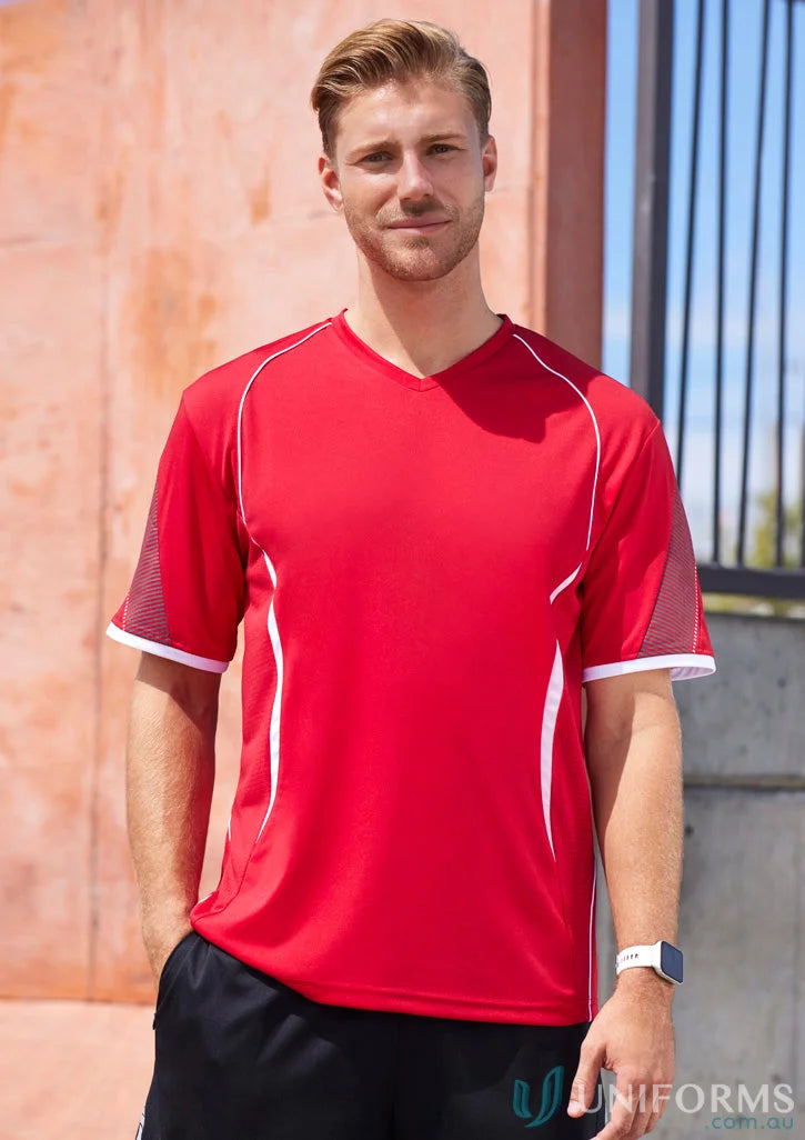 Red and white Razor Tee men’s razor short with self-fabric V-neck band for active wear