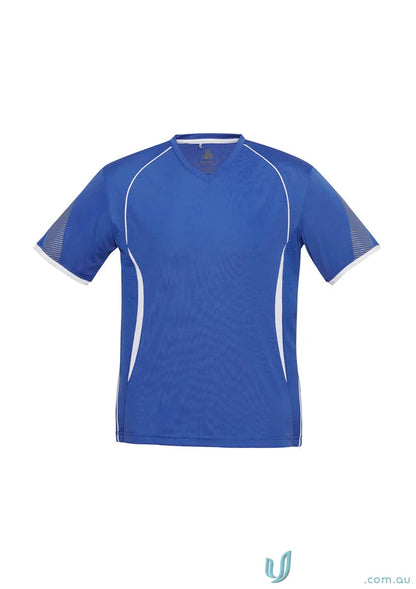 Blue and white athletic Razor Tee for men with self-fabric V-neck band