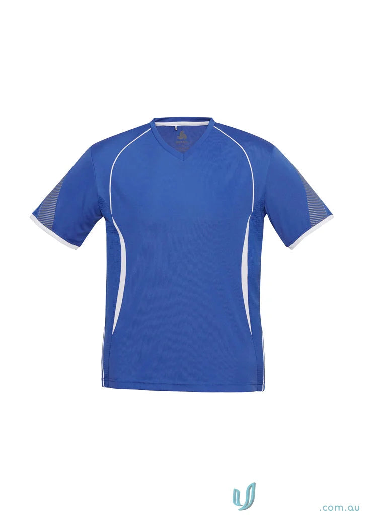Blue and white athletic Razor Tee for men with self-fabric V-neck band