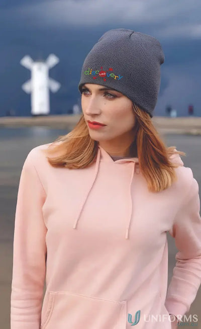 Gray knit beanie from Recycled Roll Down Beanie, perfect for team’s winter uniforms