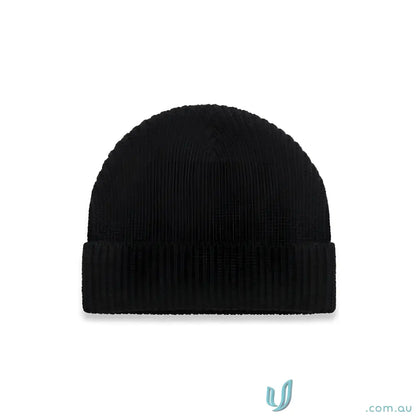 Black gauge beanie with ribbed knit style made from recycled wool blend