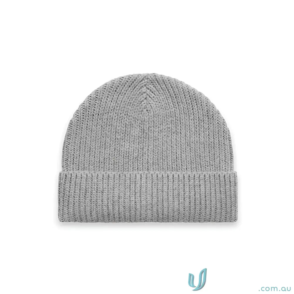 Gray knitted beanie made with recycled wool and ribbed knit for a cozy gauge beanie look