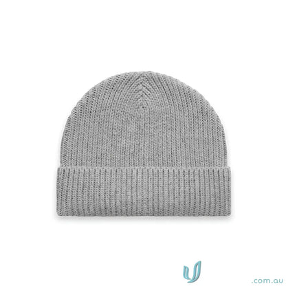 Gray knitted beanie made with recycled wool and ribbed knit for a cozy gauge beanie look