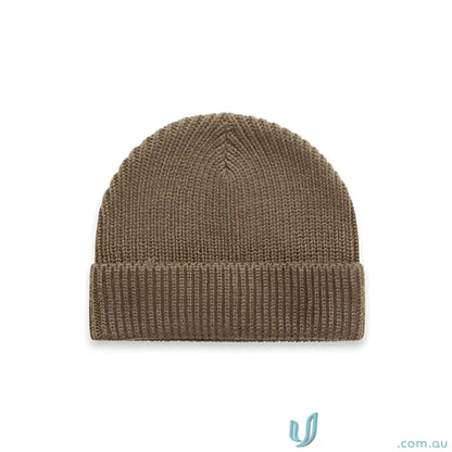 Olive green recycled wool ribbed knit Gauge Beanie with cuffed hem