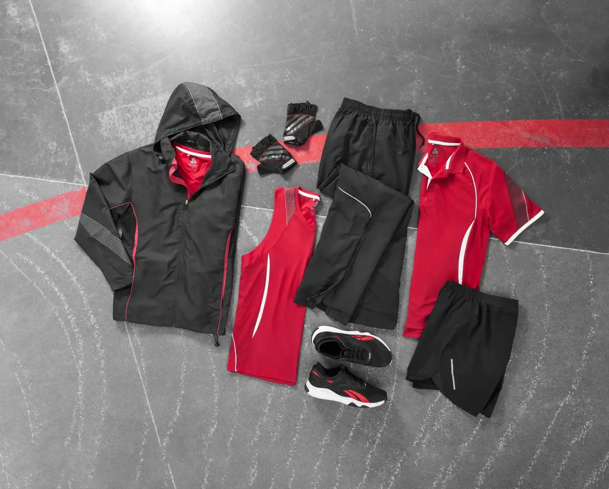 Red and black athletic apparel.