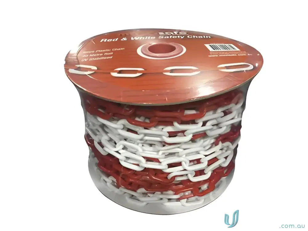 Red and white plastic safety chain roll for work uniforms and workwear safety gear