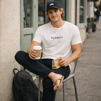 White cotton Redro Tee with black planett text across the chest ideal for casual workwear or uniforms