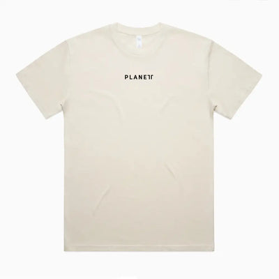 Beige short-sleeved redro tee with minimalist black planet logo, perfect for casual workwear and modern work uniforms