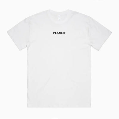 White short-sleeved redro tee with minimalist black planet logo perfect for casual uniforms and workwear