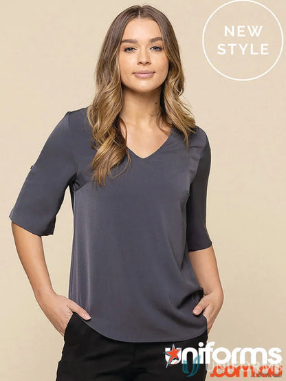 Gray V-neck blouse from Reese-V Neck-Top, perfect for stylish work uniforms or workwear