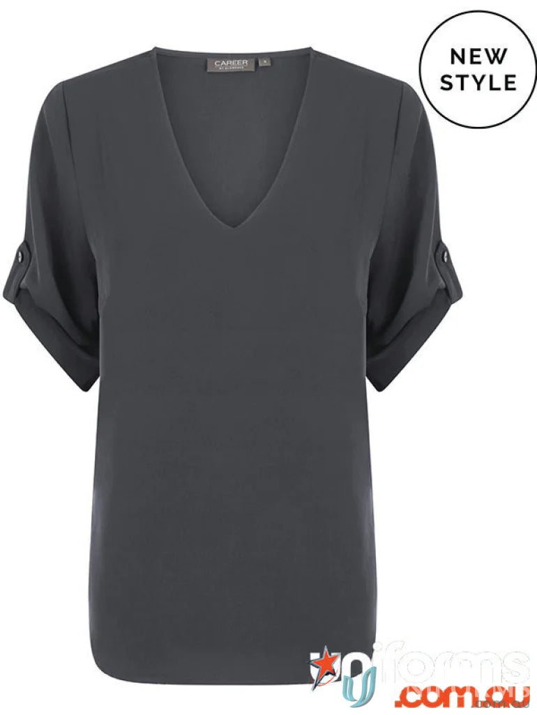Gray V-neck blouse with rolled sleeves from Reese-V Neck-Top, perfect for work uniforms