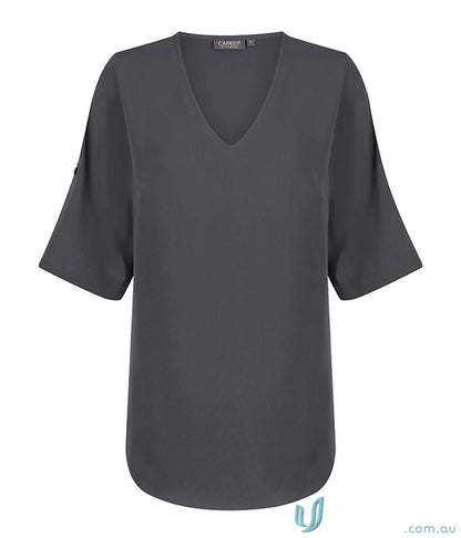 Gray V-neck blouse from Reese V Neck Top, perfect for work uniforms or workwear